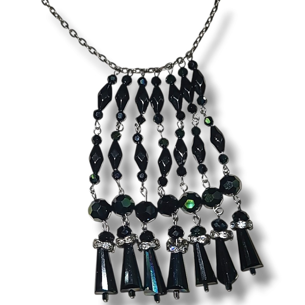 Peacock Color Crystal Fringe Bib Necklace Black Iridescent Statement Silver Tone